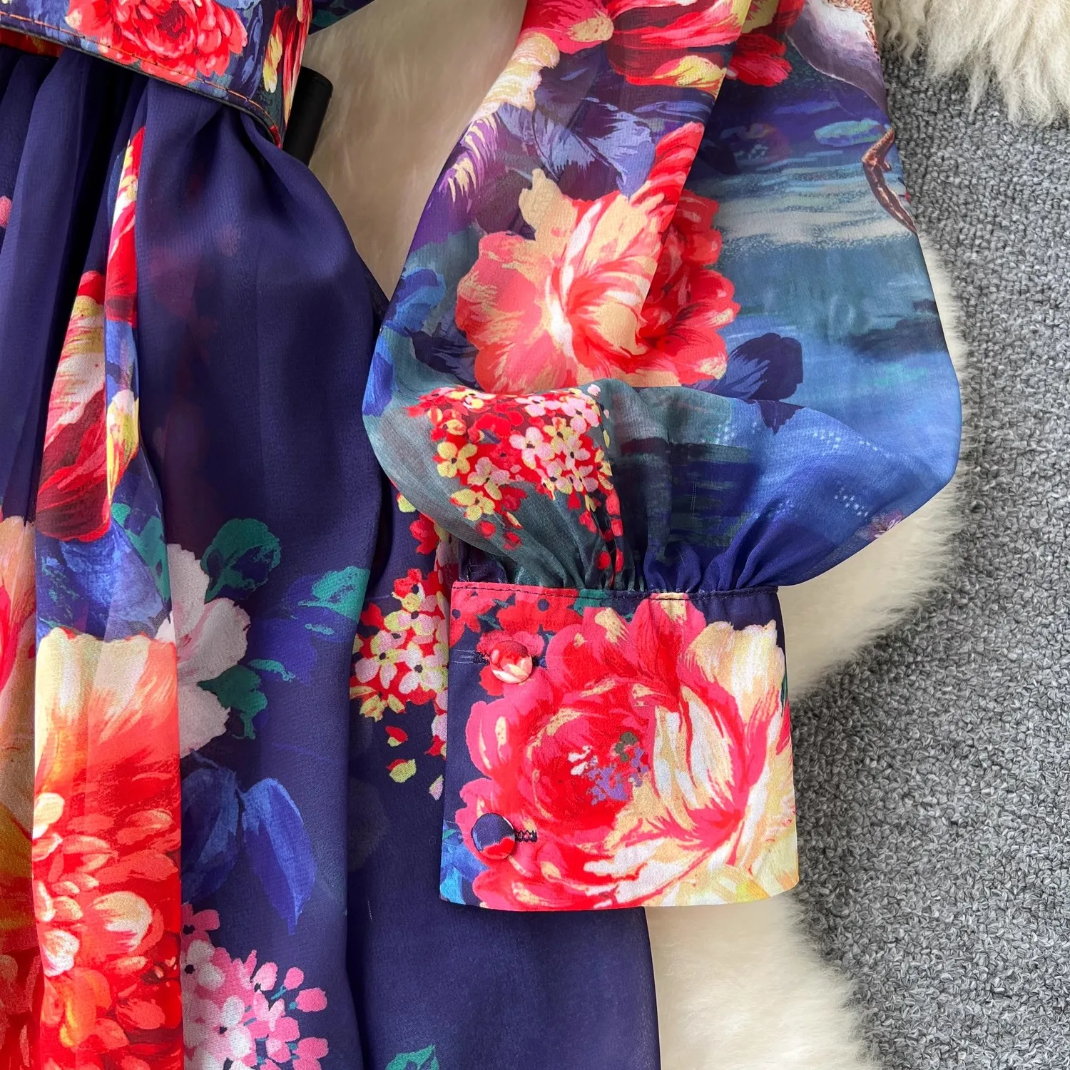 Gorgeous Flower Flowy Chiffon Dress Women's Turn Down Neck Long Sleeve  Single Breasted Floral Print Belt Long Robe Vestidos 2062 - AliExpress  200000345