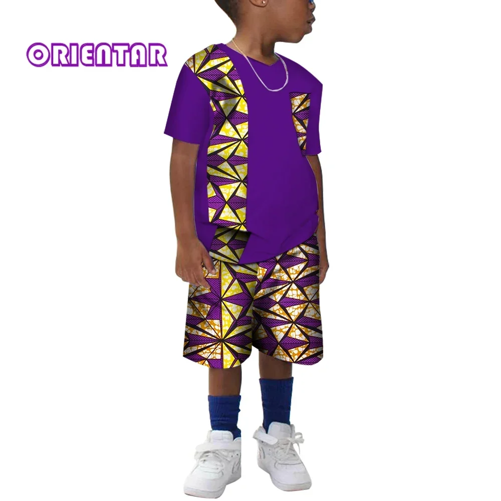 Vêtements africains en coton imprimé pour enfants, chemise à manches courtes Dashiki et pantalon court pour garçons, ensemble de 2 pièces, WYT214