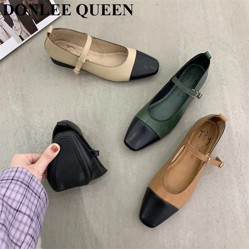 Shallow Bottoms Flats Women Shoes 2022 Autumn Elegant Design Bow Knot Square Toe Ballerina Brand Color Matching Female Mary Jane