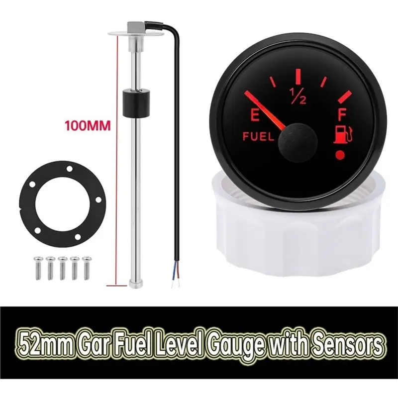 A80X 52Mm Fuel Level Gauge Indicator Meter E-F Pointer Digit Gar Fuel Meter 0- 190Ohm Red Backlight +100MM Fuel Level Sensors