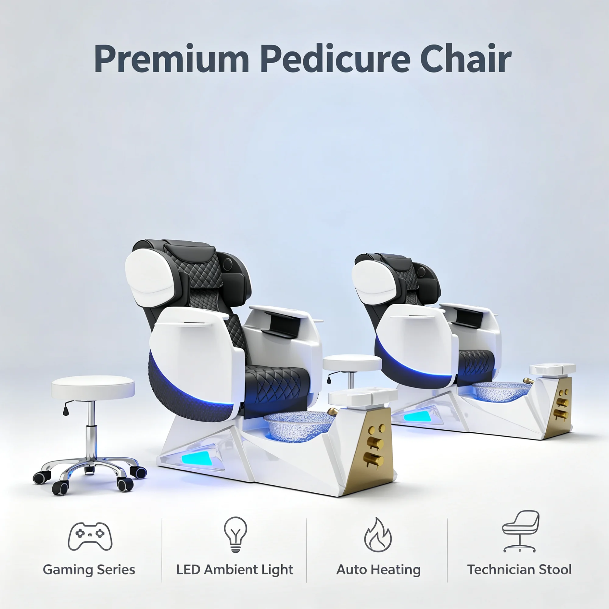 Premium Professional Electric Reclining Pedicure Spa Chair Hydromassage Foot Bath with LED Light & Stool for Nail Salon