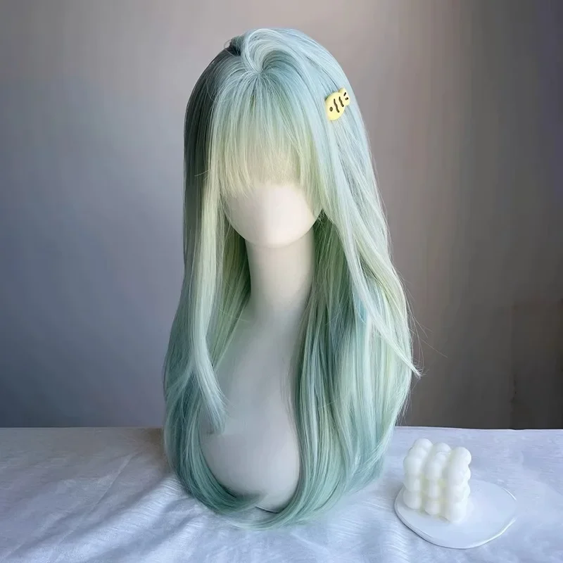 Green Wig for Women Cool Sense of Summer Light Green Wig with Bangs Jk Sweet Natural Simulation Human Hair Headband Wigs 가발