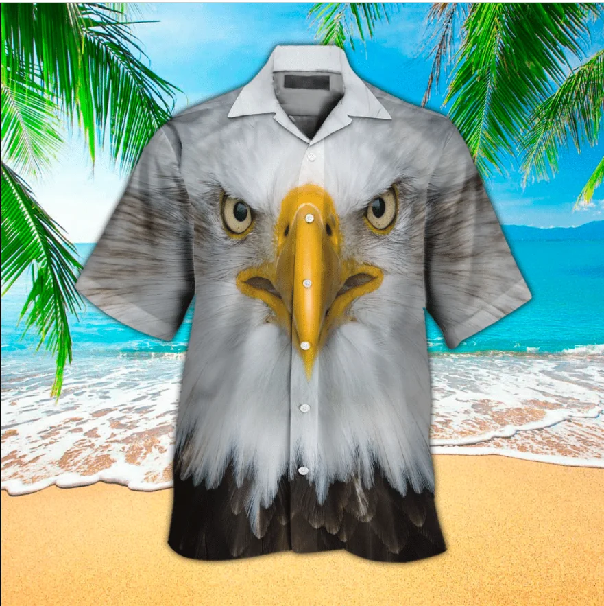 

Men's Hawaiian Shirt Cool Eagle Face Print Beach Short Sleeve Summer Casual Button Up Patchwork Tops 3D Shirts