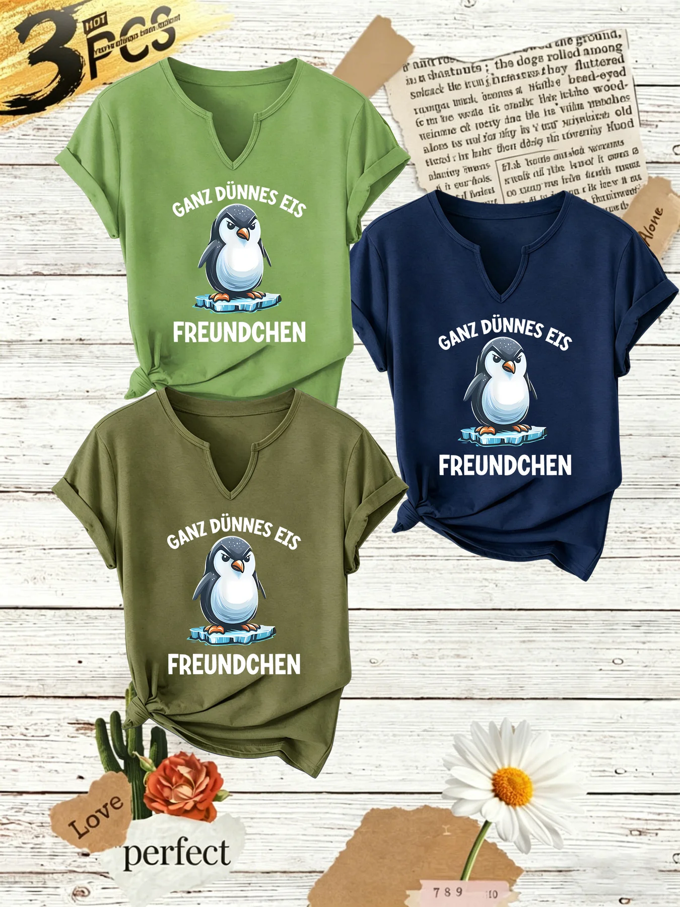 Women's Summer V Neck Tees 3 Pack, Cute Penguin with German Letter Print, Casual Short Sleeve Multipack T-Shirts for Daily Wear