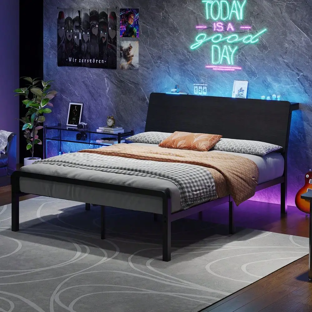 

Bed Frame With Storage Headboard, Metal Bed Frame With Wooden Headboard, Under Bed Storage, No Box Spring Required, Easy Assemb