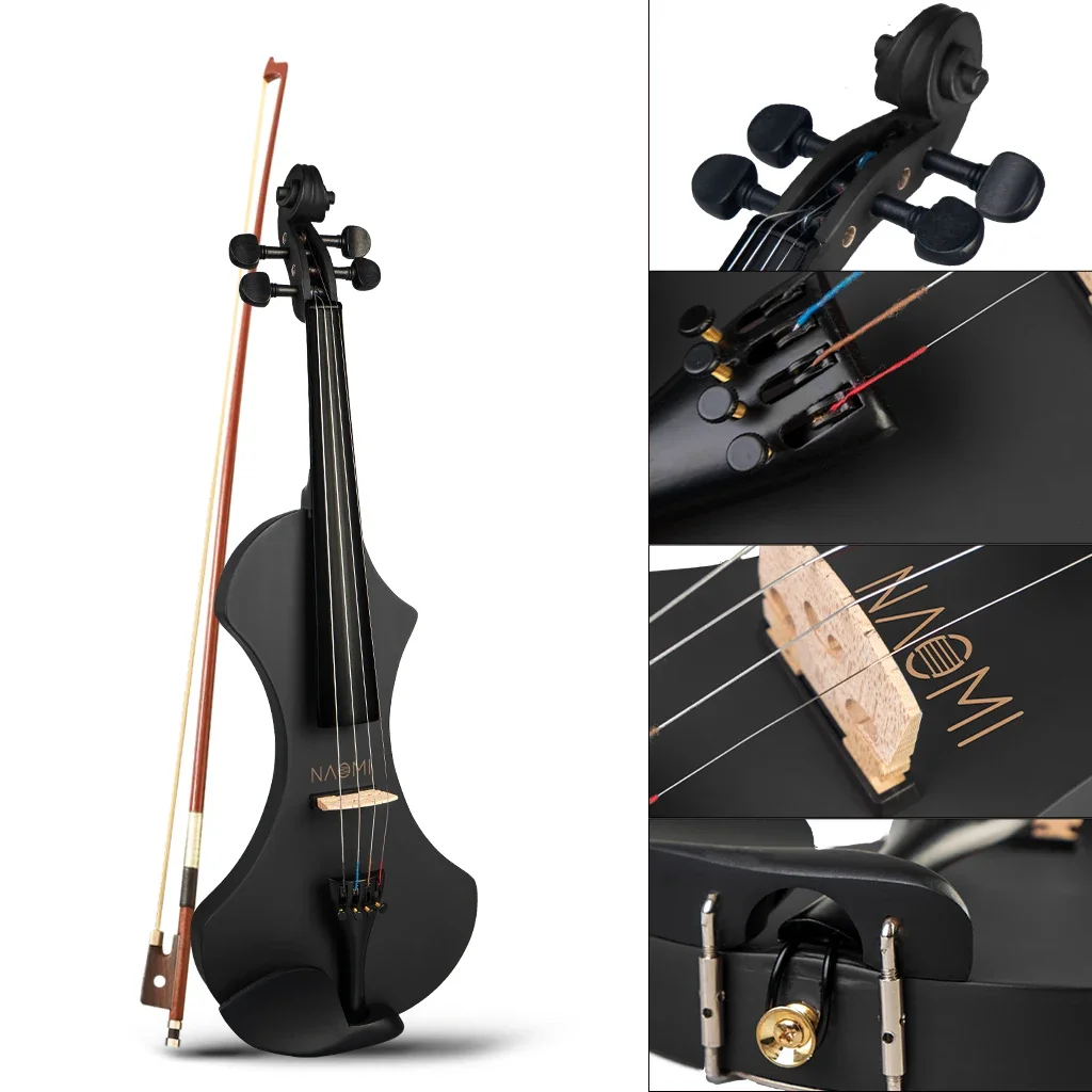 NAOMI 4/4 Full Size Electric Violin/Fiddle Set Slim Waist Shape W/ Brazilwood Bow+Audio Cable+Bridge+Violin Case For Beginner