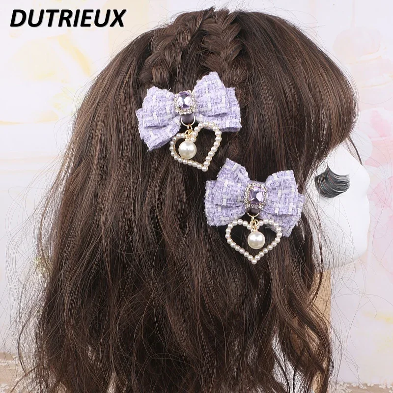 Lolita Hairclips Japanese Style Women's Hair Accessories Sweet Cute Lady New Headwear Plaid Bow Pearl Pendant Elegant Barrettes