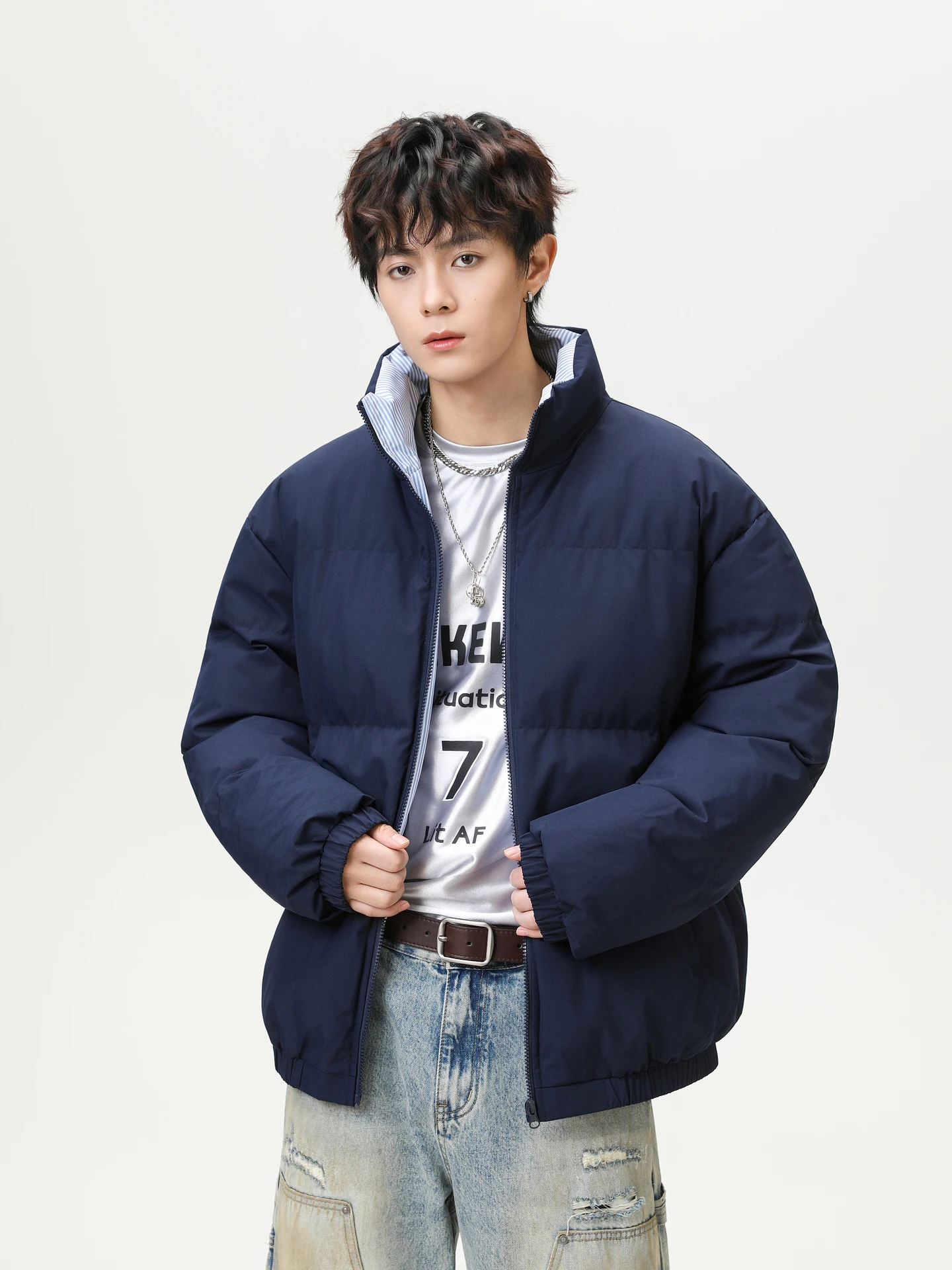 

Versatile Loose Fit Cotton Jaet for Men And Women with Stand Collar And Stripe Color Blo Design Warm And Suitable for Dai...