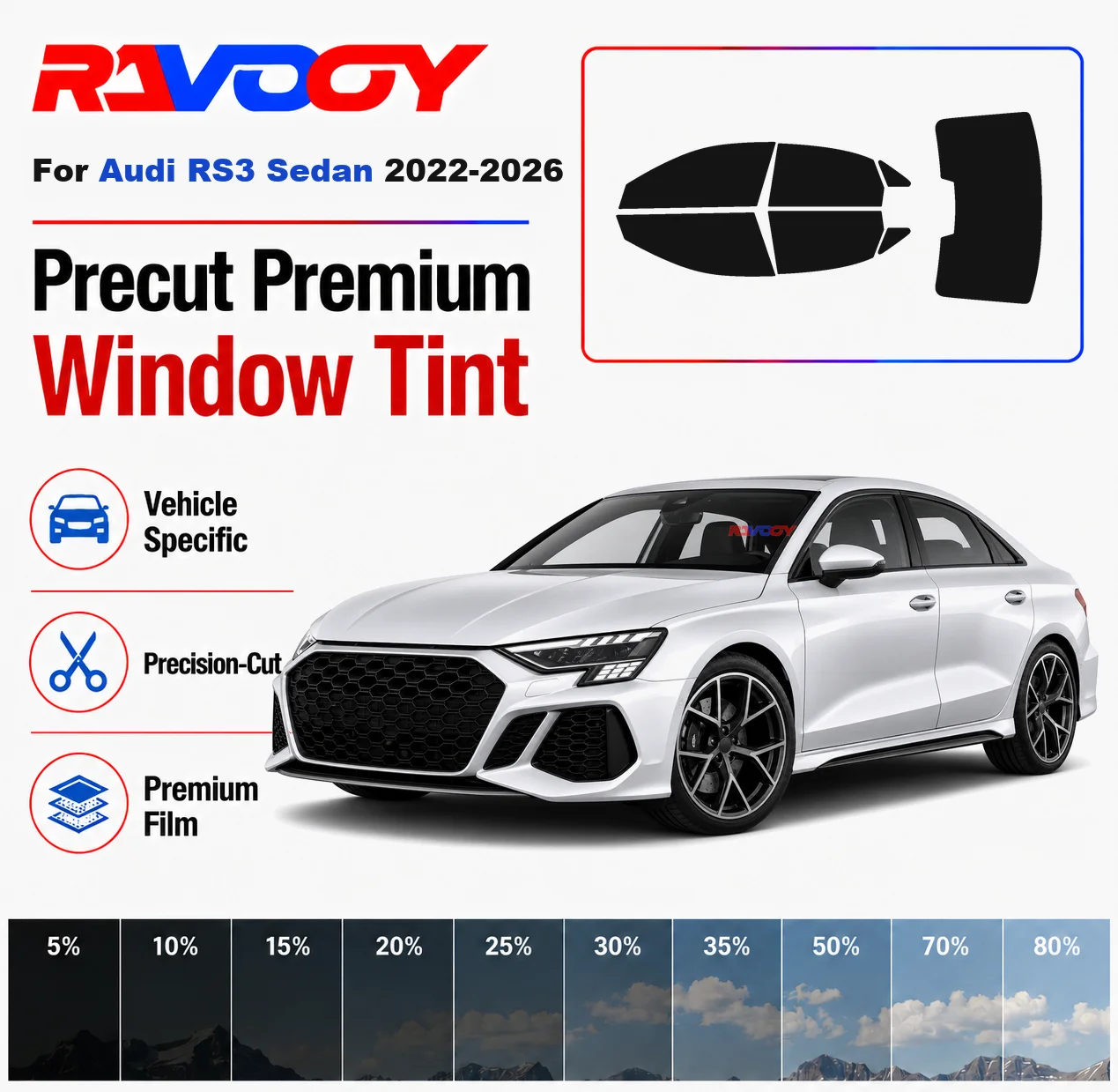 

Premium Precut Window Tint Kit Front Rear Windows Rear Windshield For Audi RS3 Sedan 2022-2026 Complete Set Nano Ceramic Film