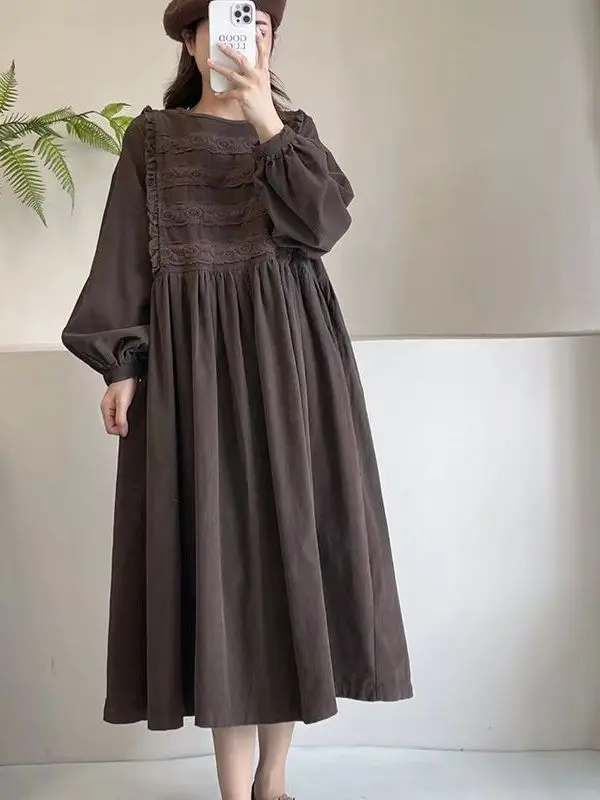 

plus Size 300 Pou Korean Sle Lace Trim Long Sve Lantern Dr Casual Autumn Winter Materni Dr Women's Faion