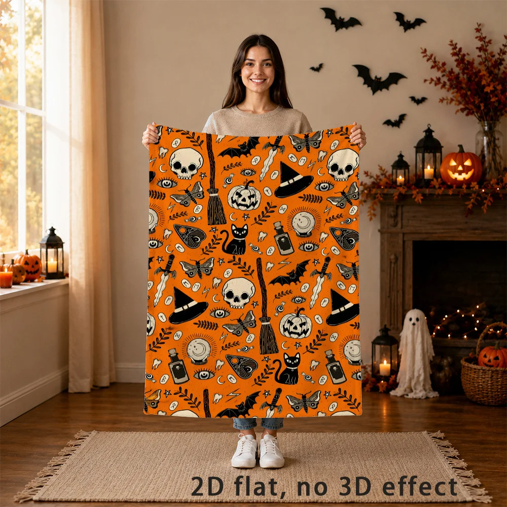 Retro Halloween Flannel Blanket, Skull Black Cat Pumpkin Witch Hat Bat Magic Elements Print, Orange Black Gothic Style Design, Soft Comfortable Lightweight Skin-Friendly, Suitable for Bedroom Sofa Bed Nap Reading Travel Use