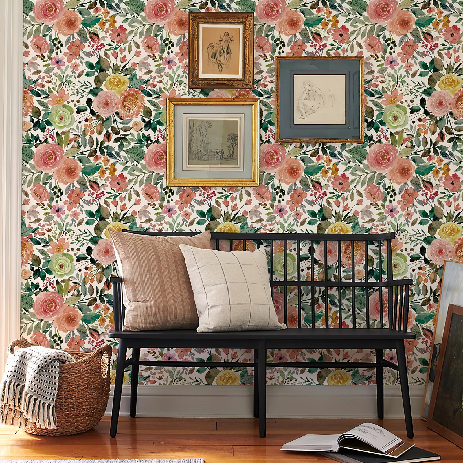Pink Floral Peel And Stick Wallpaper Classic Green Leaves Watercolor Home Wall Decor Waterproof Flower Furniture Cabinet Sticker
