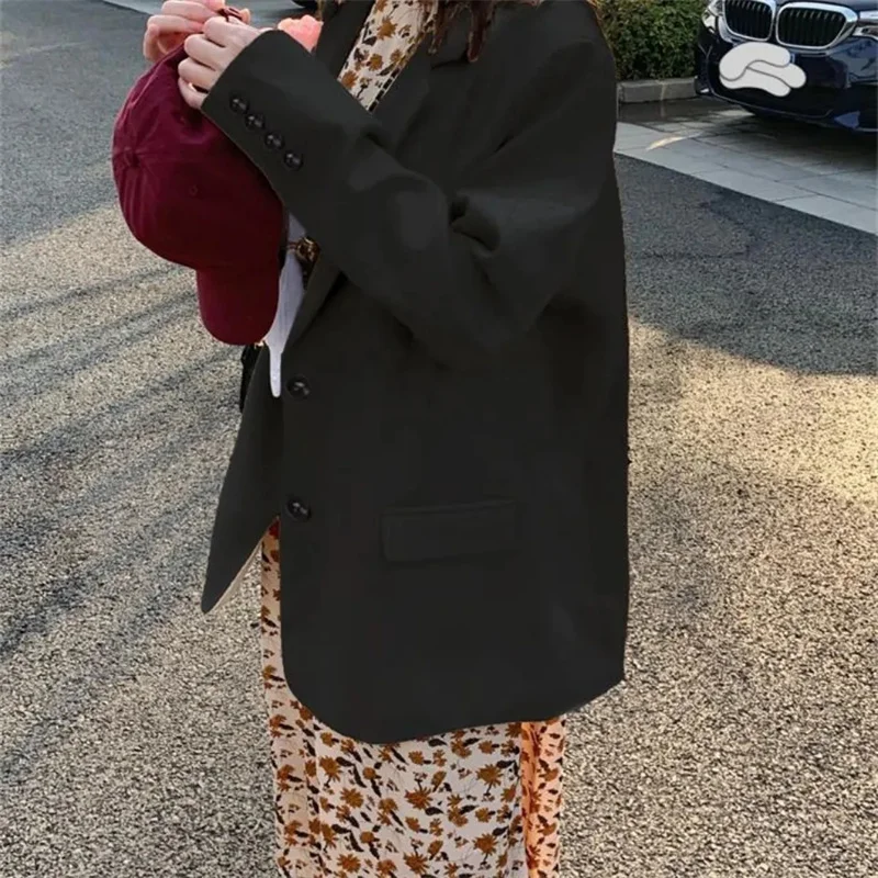 Vintage Women's Blazer Notched Collar Single Breasted Solid Color Loose Coat Fashion 2025 Spring New Female Jackets