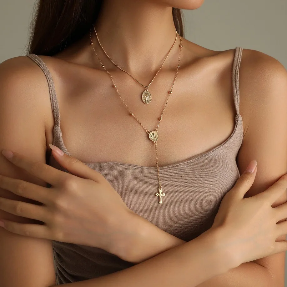 Cross Pendant Necklace, Women's Fashion Metal Layered Clavicle Chain, Elegant Daily Accessory