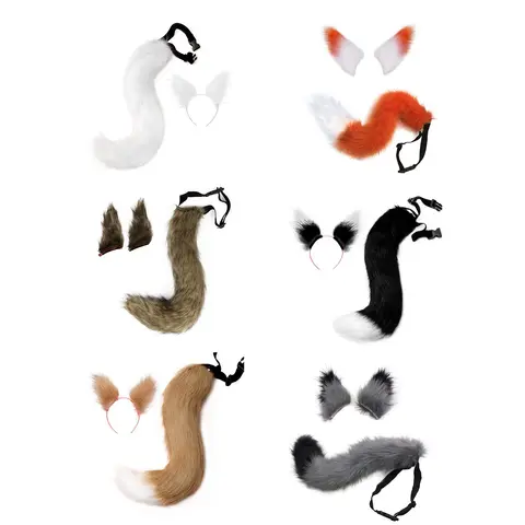 Faux Fur Cat Fox Wolf Furry Tail and Clip Ears for Halloween Party Costume Accessories