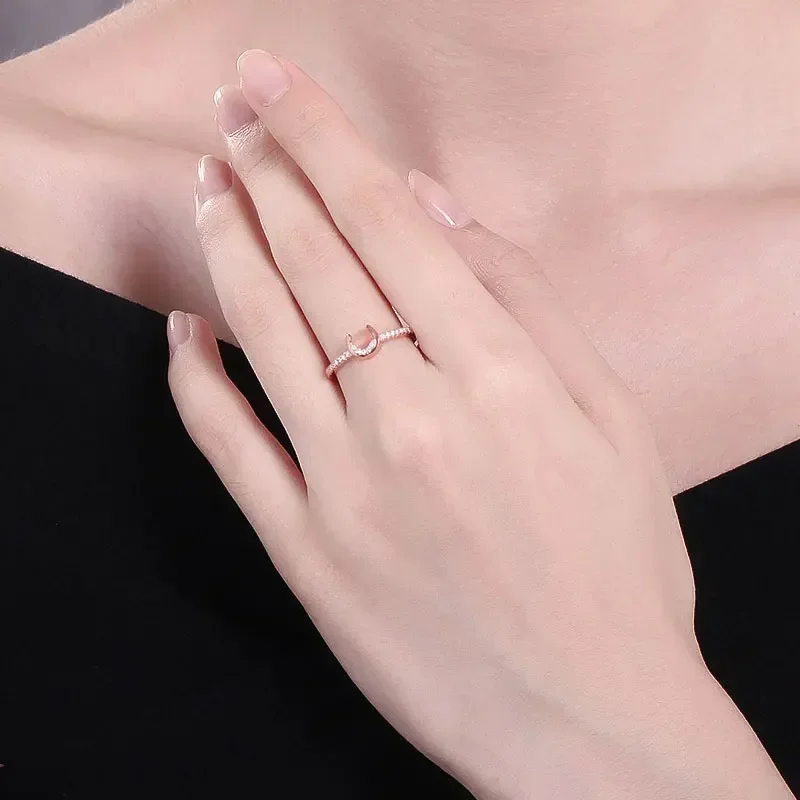 Horseshoe Fashion 925 Sterling Silver Jewelry 100% Silver Rose Gold Tone Dazzling CZ Horseshoe U Small Finger Ring for Girl