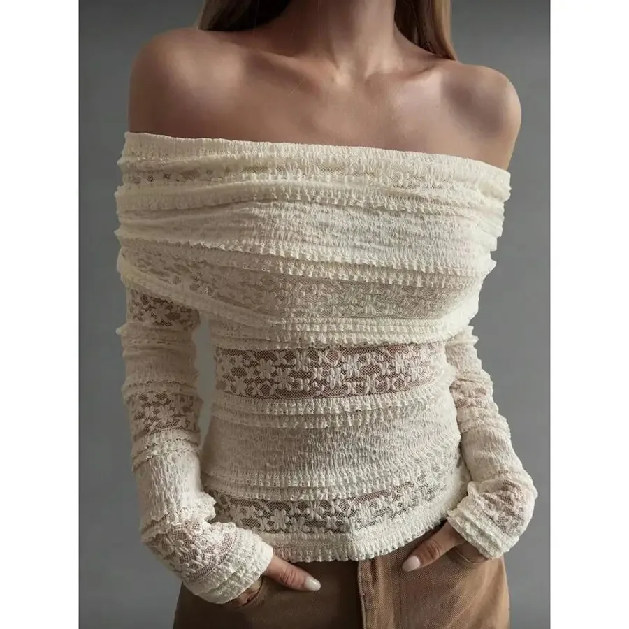 

Женская модная кружевная блузка с вырезами и открытыми плечами, повседневный топ для отпуска в уличном стиле, футболка с длинным рукавом, коллекция Весна-Лето 2026