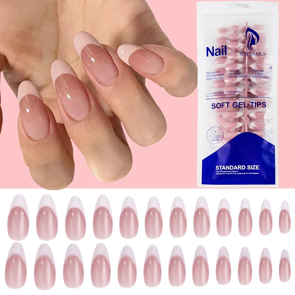 120/150 Stuks Korte Amandel Kunstnagels Witte Rand Ontwerp Franse Druk op nagels Volledige Dekking Wearable Stiletto Fake Nail tip Verlenging