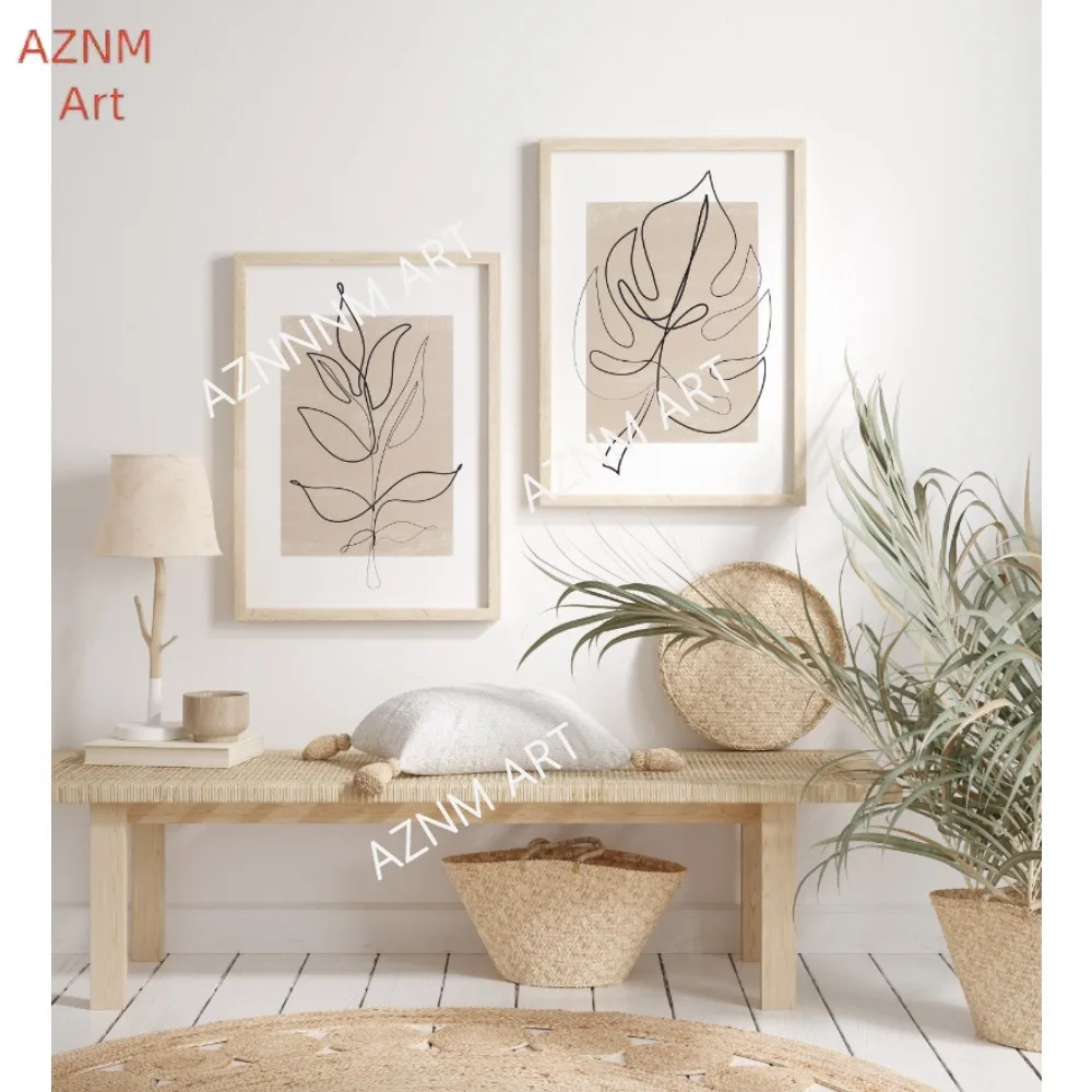 1/2Pcs Botanical Line Art Print Set: Abstract Leaves, Boho Decor Picture Living Room Home Decor