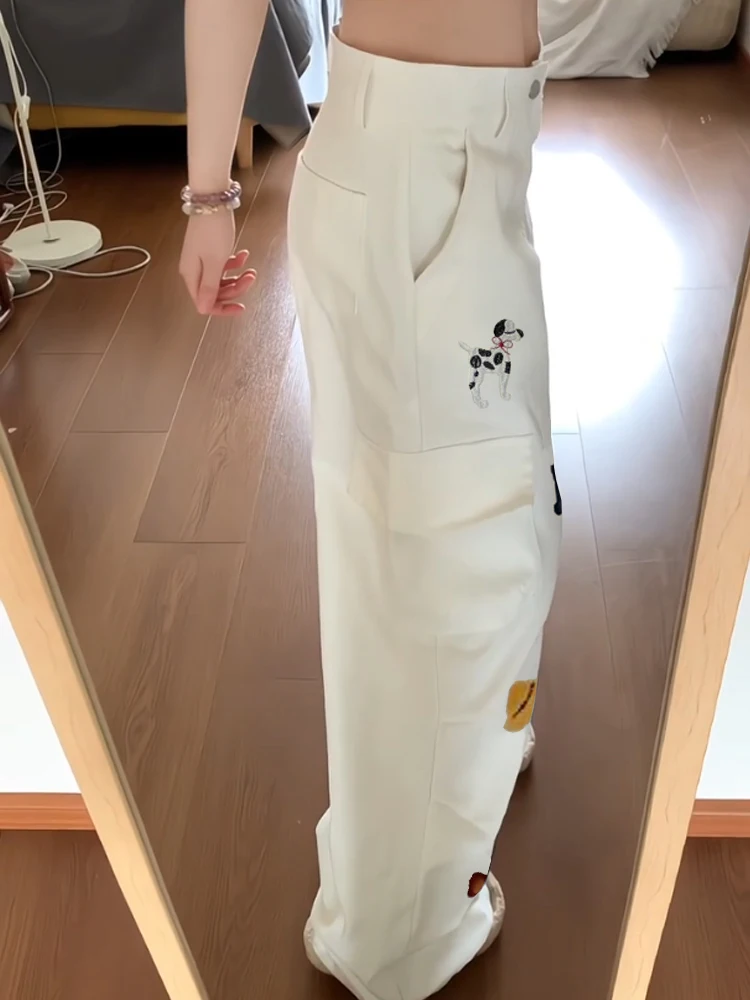

High Waist Loose Fit Straight Leg Jeans Women's Summer Casual Embroidered Dog Pattern Workwear Denim Pants Wide Leg Trousers
