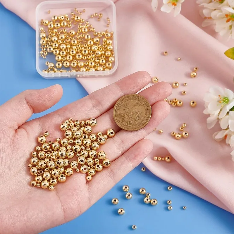 370pcs 18K Gold Filled Beads 3/4/6mm Round Beads Smooth Round Beads Seamless Ball Beads Brass Loose Beads Metal Beads