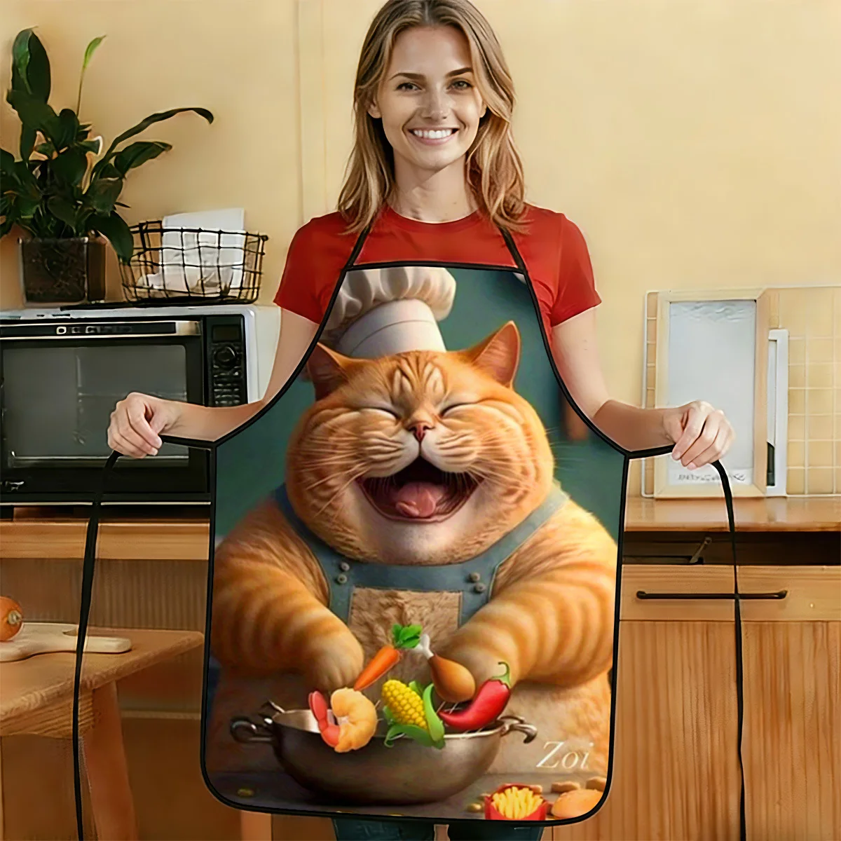 Smiling Chubby Ginger Cat Chef Pattern Apron Oil Water Resistant Kitchen Apron Funny Unique Holiday Gift For Daily Cooking Use