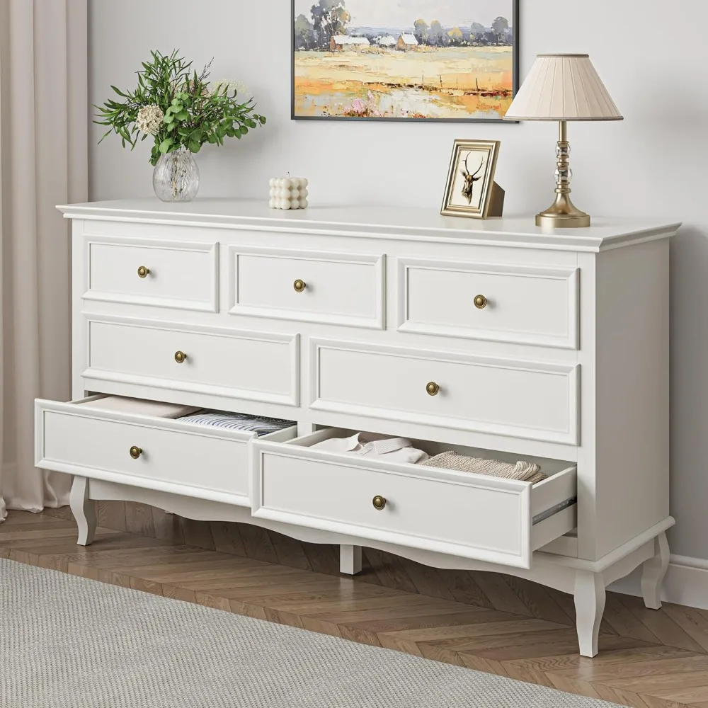 White 7 Drawer Dresser for Bedroom,Modern Chest of Drawers with Solid Wood Legs and Painted Finish,Wooden Storage Closet Cabinet