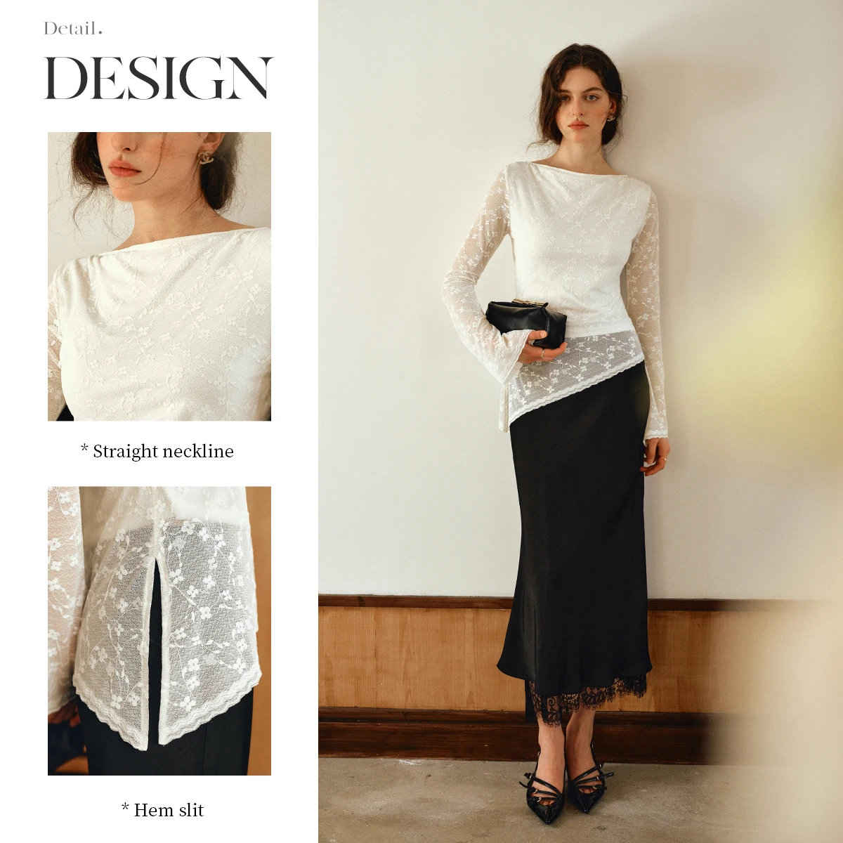 OLrain Francese Elegante T-shirt Donna Autunno 2025 Slash Neck Irregolare Tees Pendolarismo In Pizzo Manica Lunga Magliette E Camicette Donna O57QX001259