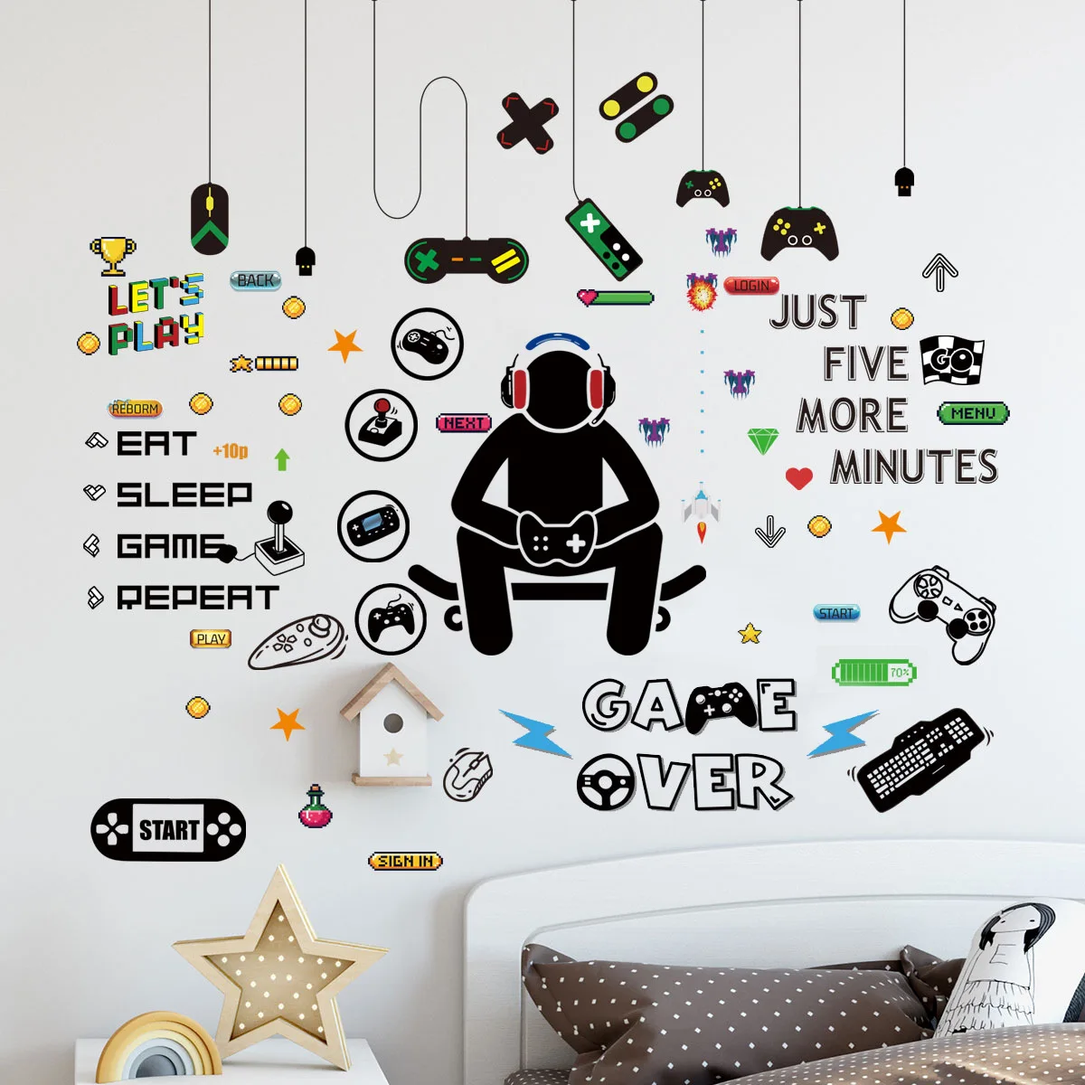 6pcs Game Elements Wall Stickers Game Controllers Boys Wall Stickers Game Room Decorations Mural Waterproof  Pvc Wall Sticker