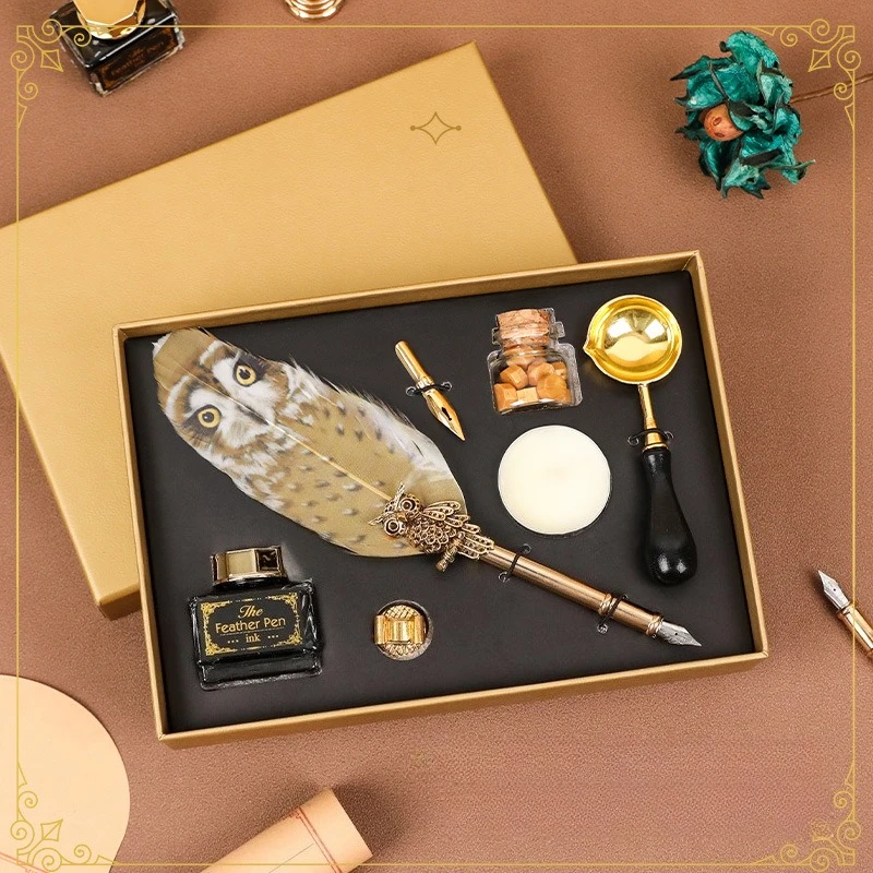 

1pc Feather Dipping Fountain Pen Set Fire Paint Seal Multi-purpose Set Owl Fountain Pen Creative Gift