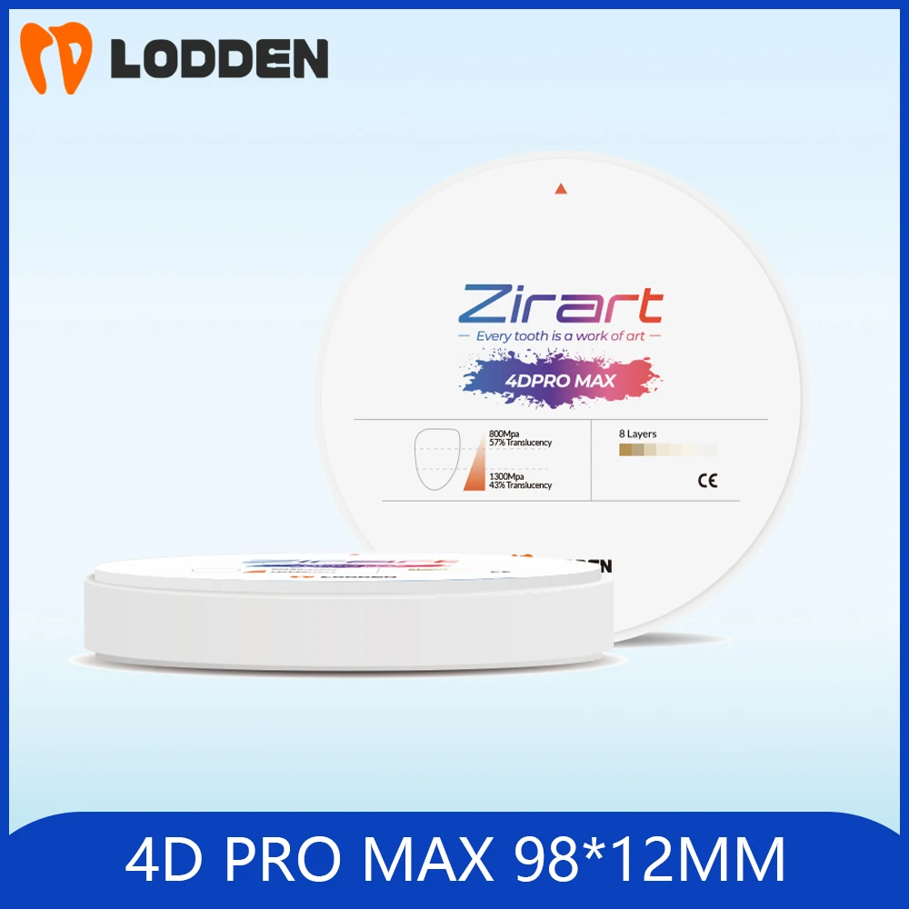 LODDEN 4D Pro Max-sistema abierto de laboratorio Dental, multicapa de circonita de 98x12mm, alta resistencia, 8 capas, VITA16 y BL1-4, CAD CAM a Color, 43%-57%