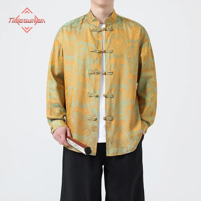 

New Chinese Style Shirts for Men Pattern Printed Long Sleeved Shirt Disc Buckle Design Men's Top