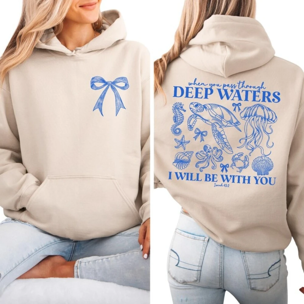Deep Waters Christian Hoodie Isaiah 43-2 Bible Verse Sweatshirt Faith Ocean Turtle Jellyfish Graphic Hoodies Christian Gift Tops