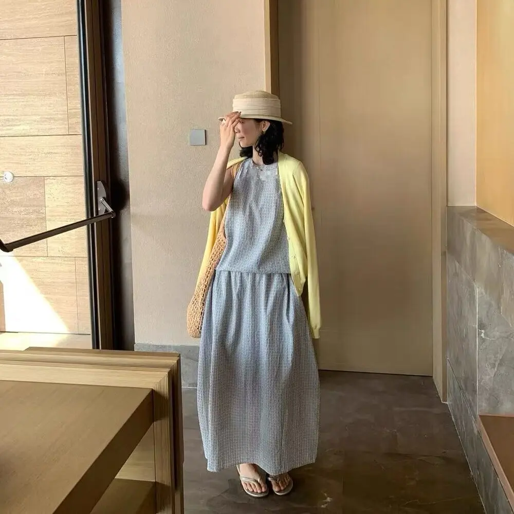 

Dongda Gate Summer 2026 Women's Vintage Plaid Bloomer Sleeveless Elastic Waist Skirt Set Casual Loose Fit Breathable Light We...