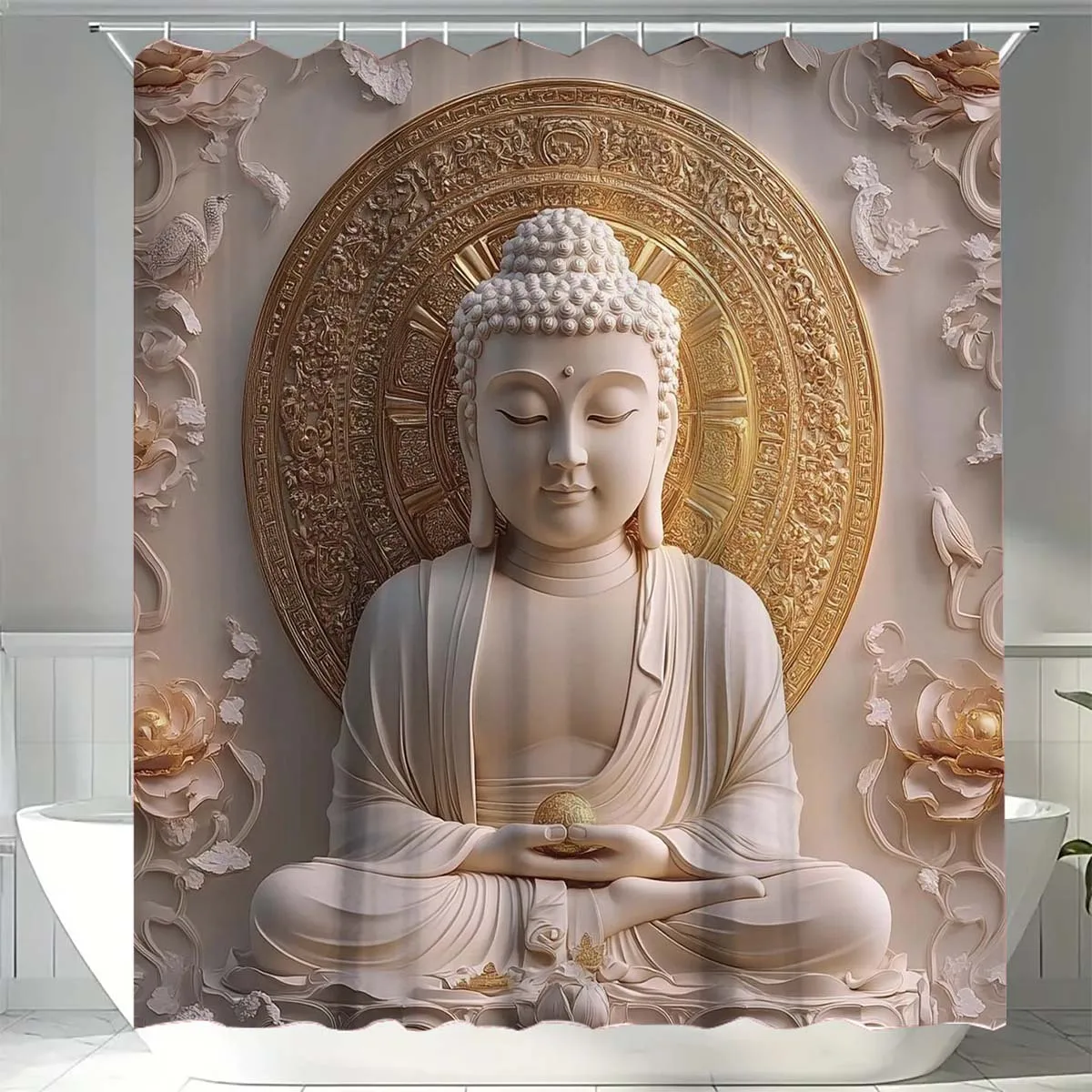 1pc Buddha design bathroom partition-polyester, machine washable, with hook, spiritual and religious theme shower curtain