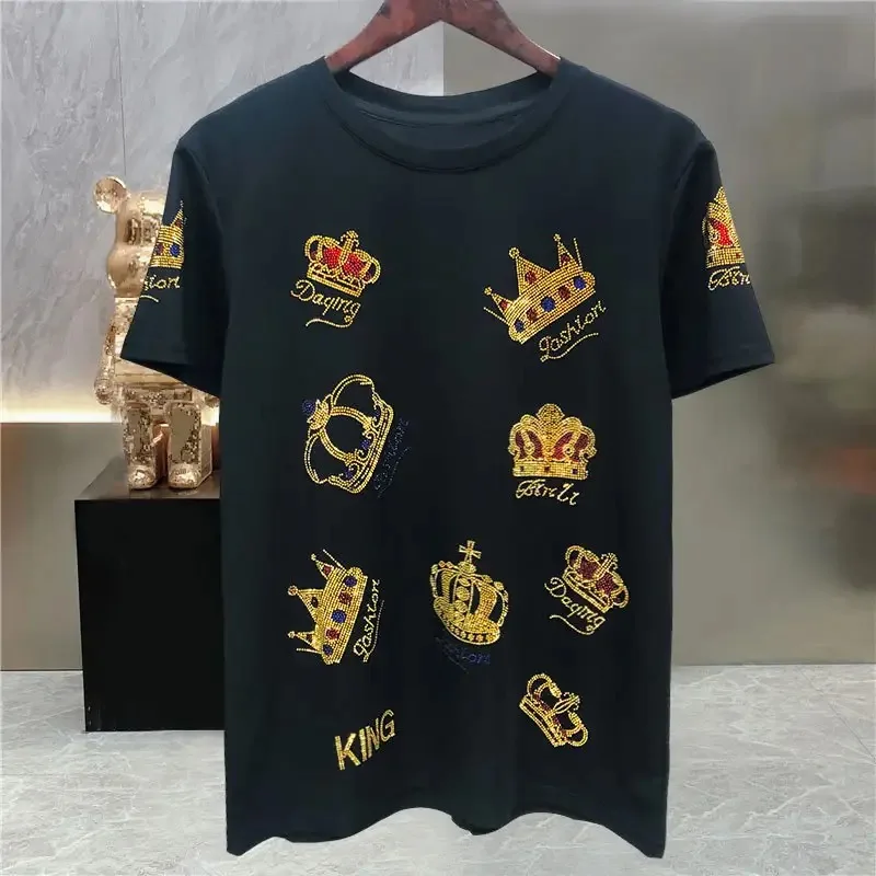 Short Sleeve Tshirt Hot Diamond Black Short Sleeve T-shirt Top Men Fashion Brand Personality 2024 Summer Tee Shirt Homme