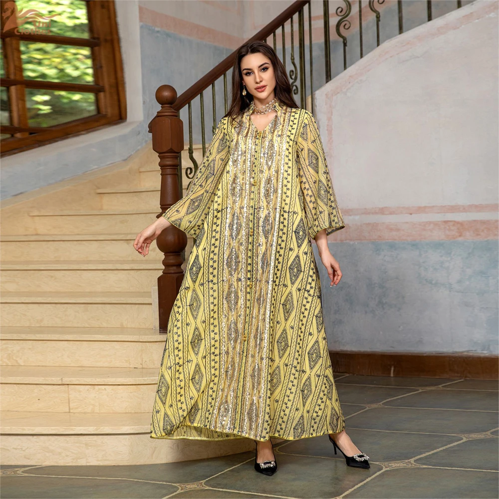 

Fashion Muslim Jalabiya Abaya for Women Elegant Long Sleeve Dress Dubai Turkey Loose Sequin Dress Moroccan Islamic Party Clothes