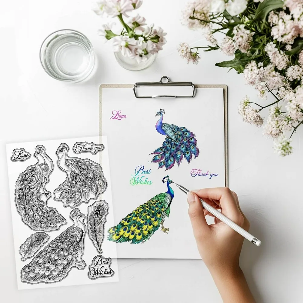 Peacock Featherss Clear Stamps for Scrapbooking Greetings Silicone Stamps Tail Featherss Sentiment Transparent Stamp for Card