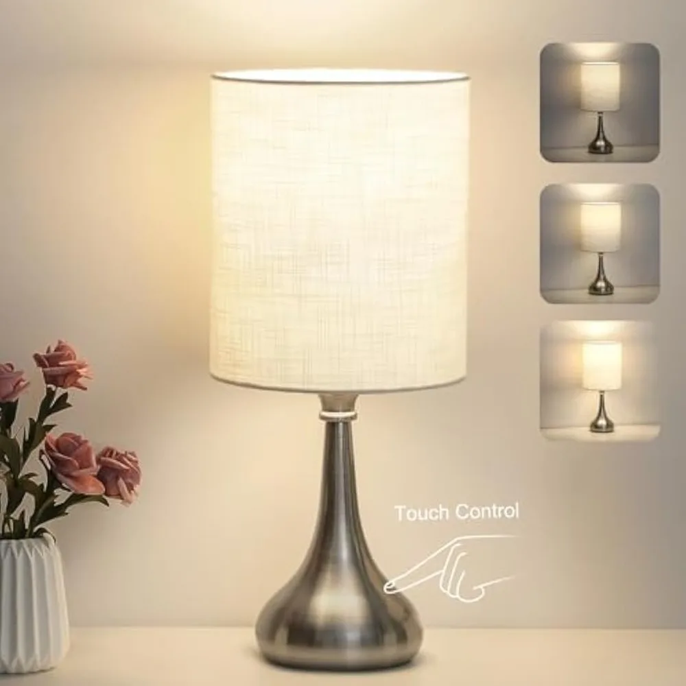 

boncoo touch control table lamp, 3 way dimmable simple night light lamp with white lampshade silver metal base, small bedside ta