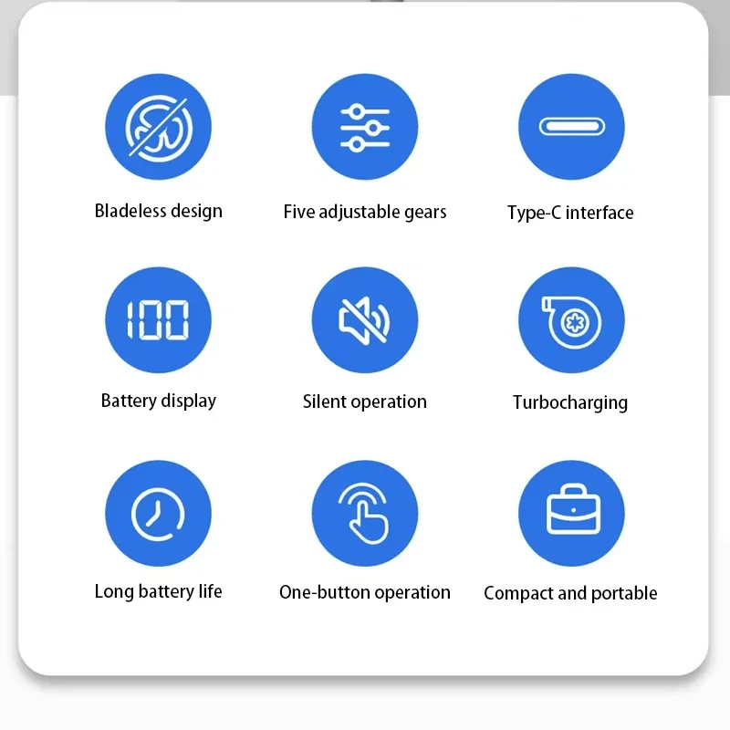 100 مستوى مروحة خالية من الشفرة شاشة ديجيتال ذكية عالية السرعة خالية من الشفرة المحمولة USB شحن عالية طاقة الرياح مروحة يدوية