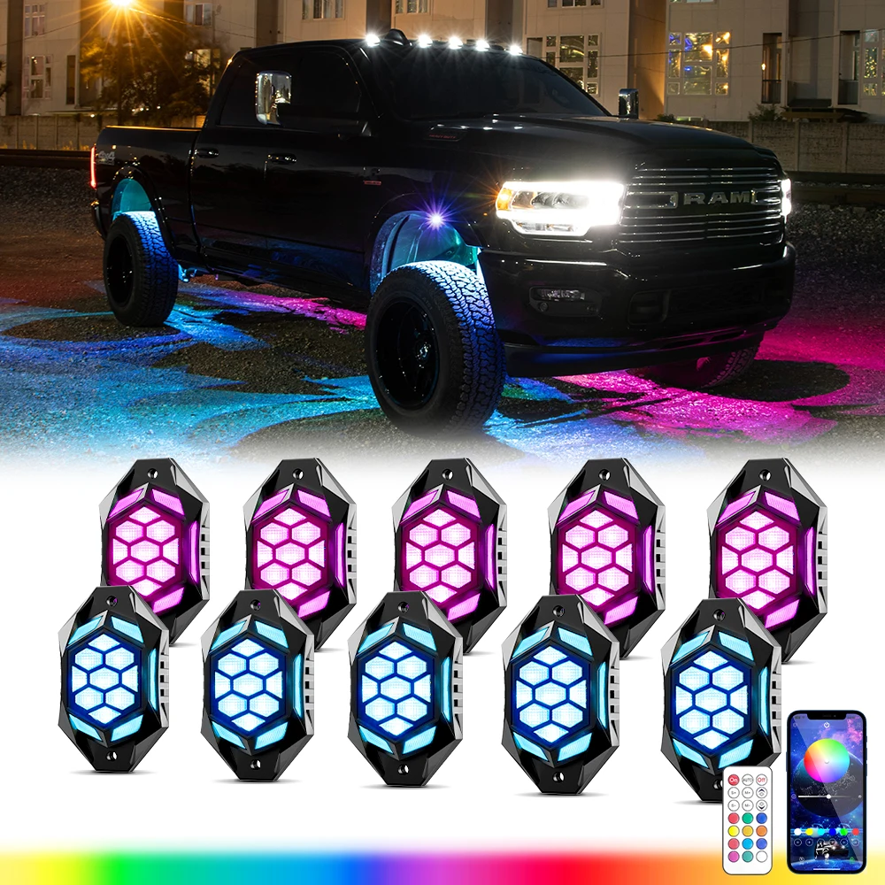 4/8/12 pods RGB LED Rock Light High Bright Multilcolor Car Underglow Chassis Lights for Jeep Offroad Truck ATV UTV Pickup