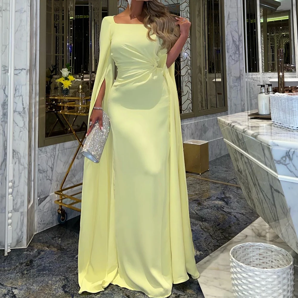 

Dubai Evening Caftan Dress Sleeve Ribbons Straight Pleats Square Neck Solid Color Plus Size Dresses For Occasions Party Gowns