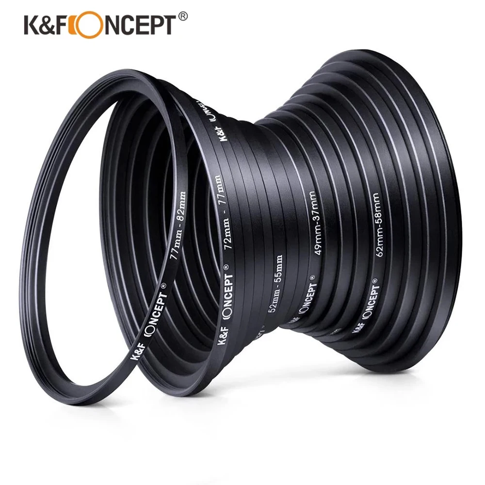 K&F Concept 18 Pcs Filter Adapter Ring Set Step Up/Down Adapter Ring 37mm-82mm 82mm-37mm for Nikon Canon Sony DSLR Camera Lens