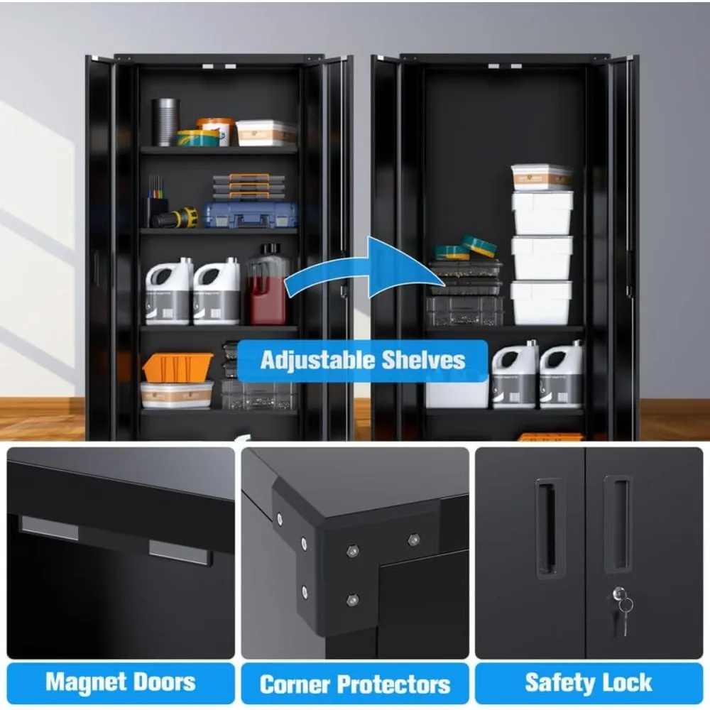 خزانة تخزين جراج بعجلات، خزانة تخزين معدنية 72 بوصة ارتفاع مع بابين و4 أرفف قابلة للتعديل للمنزل المرآب، أسود، ريك #5