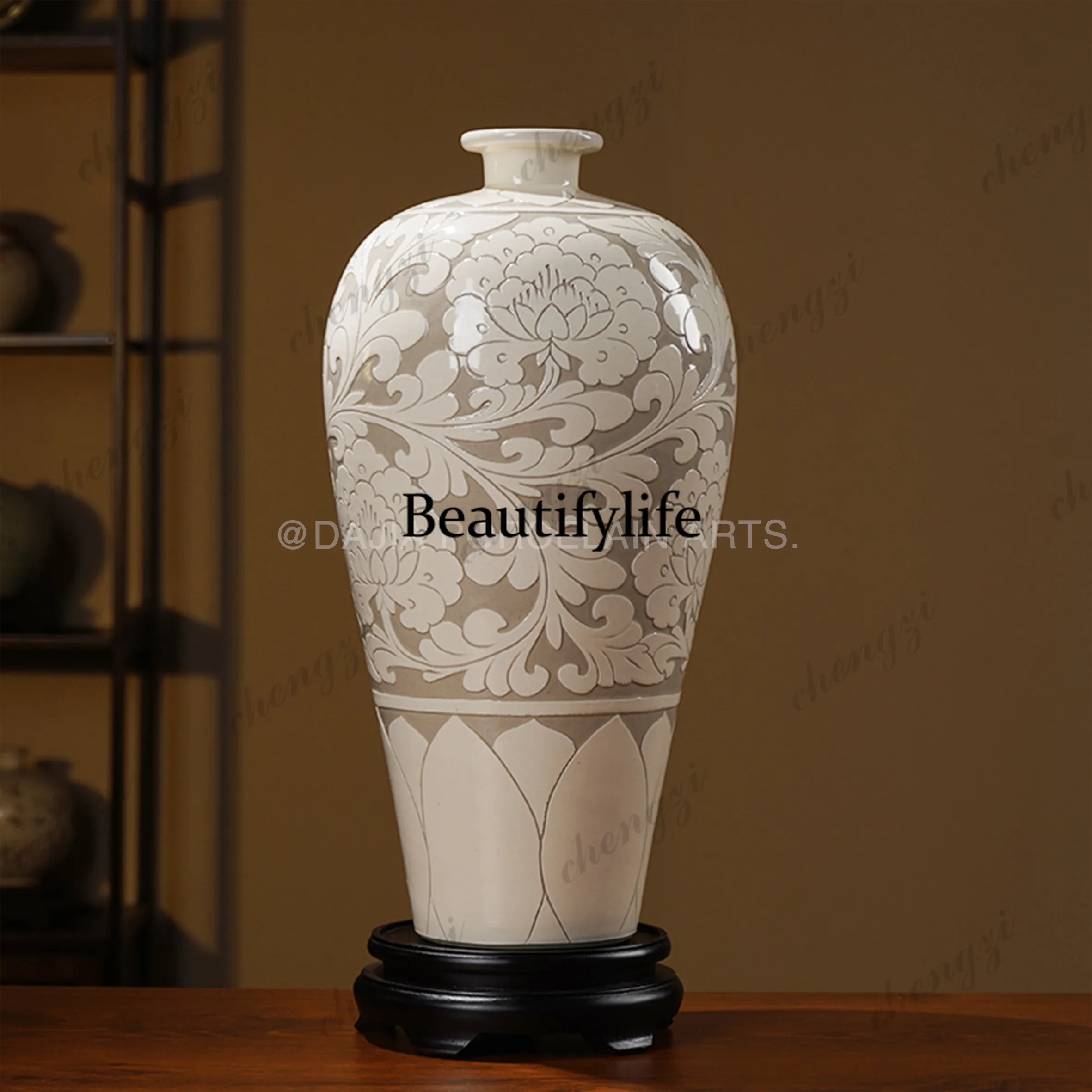 Black glaze engraved flower two-layer peony ceramic vase ornament Chinese home decoration plum vase