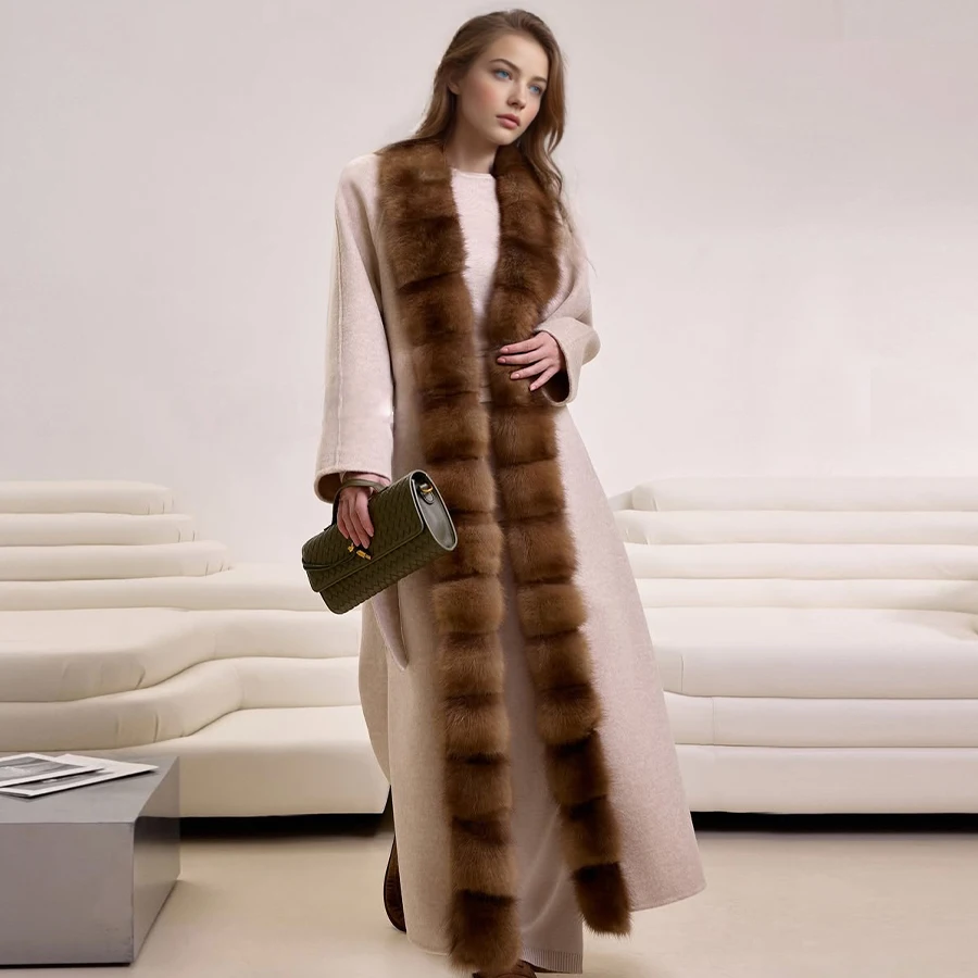 Casacos de pele de lã para mulheres casaco de caxemira real com gola de pele de raposa longo misturas de lã casaco de luxo nova jaqueta de pele real