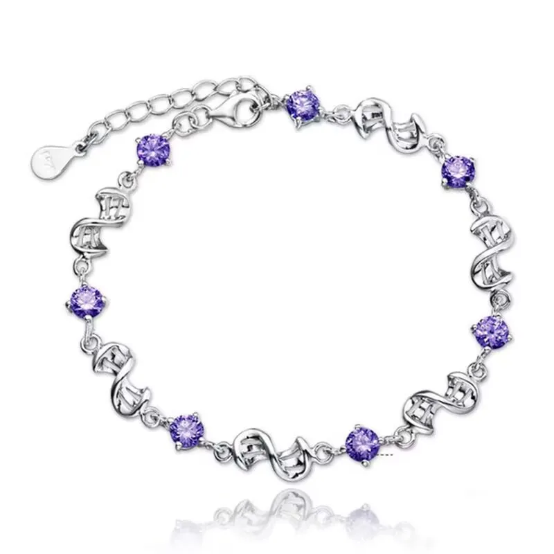 

925 Sterling Silver Bracelet Jewelry White Purple Retro Wedding Shaped Cubic Zirconia Length 17CM+4CM
