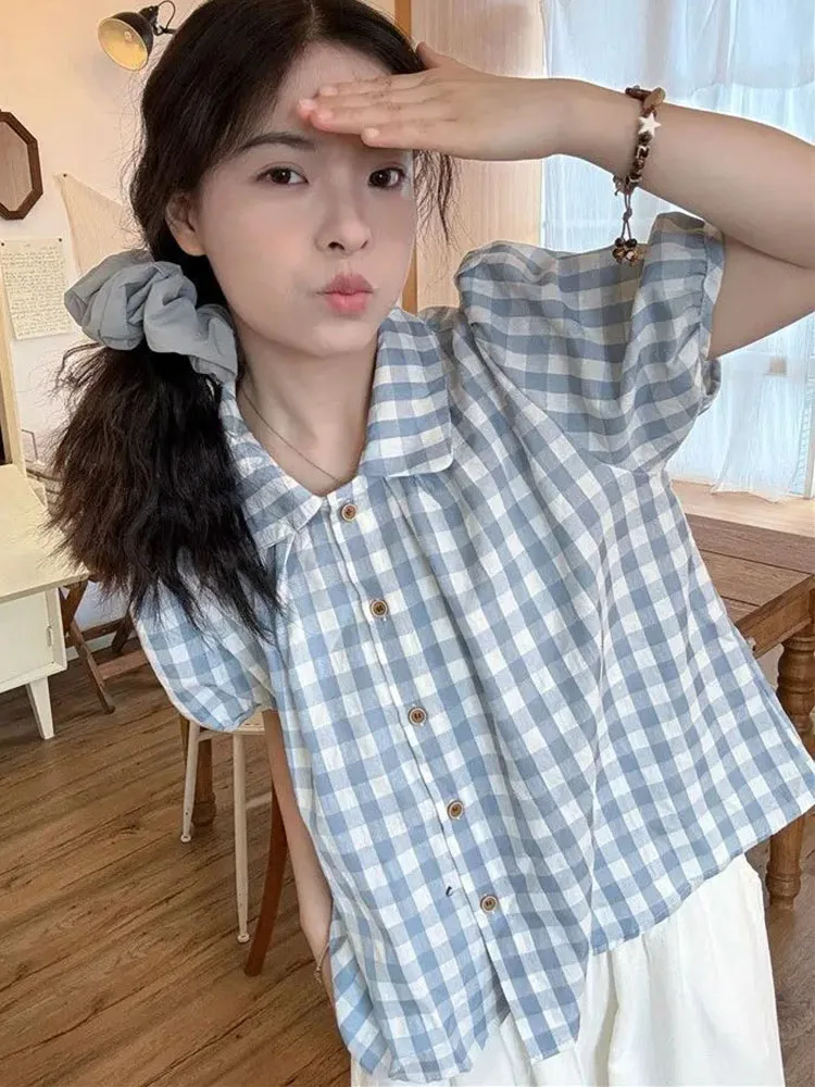 

Sweet Shirts Women Puff Short Sleeve Plaid Peter Pan Collar Spring Summer Loose Elegant Shirts French Style Chic Ladies