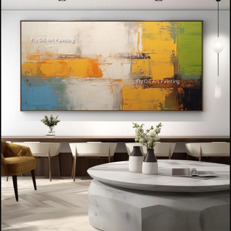 Yellow White Blue Large Abstract Artwork On Canvas Special Hand Drawn Red Brown Beige Thick Oil Painting For Living Room Decor
