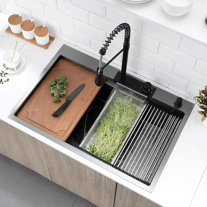 Embedded Kitchen Sink with Waterfall Faucet Combination Black Stainless Steel Single Bowl Top Mounted Multifunctional Sink